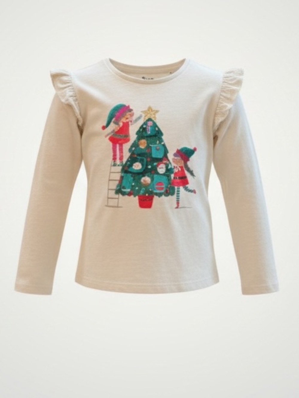 5T 6T Girls Christmas Advent Long Sleeve Ruffle Shoulders Shirt Ivory White New - Picture 11 of 14